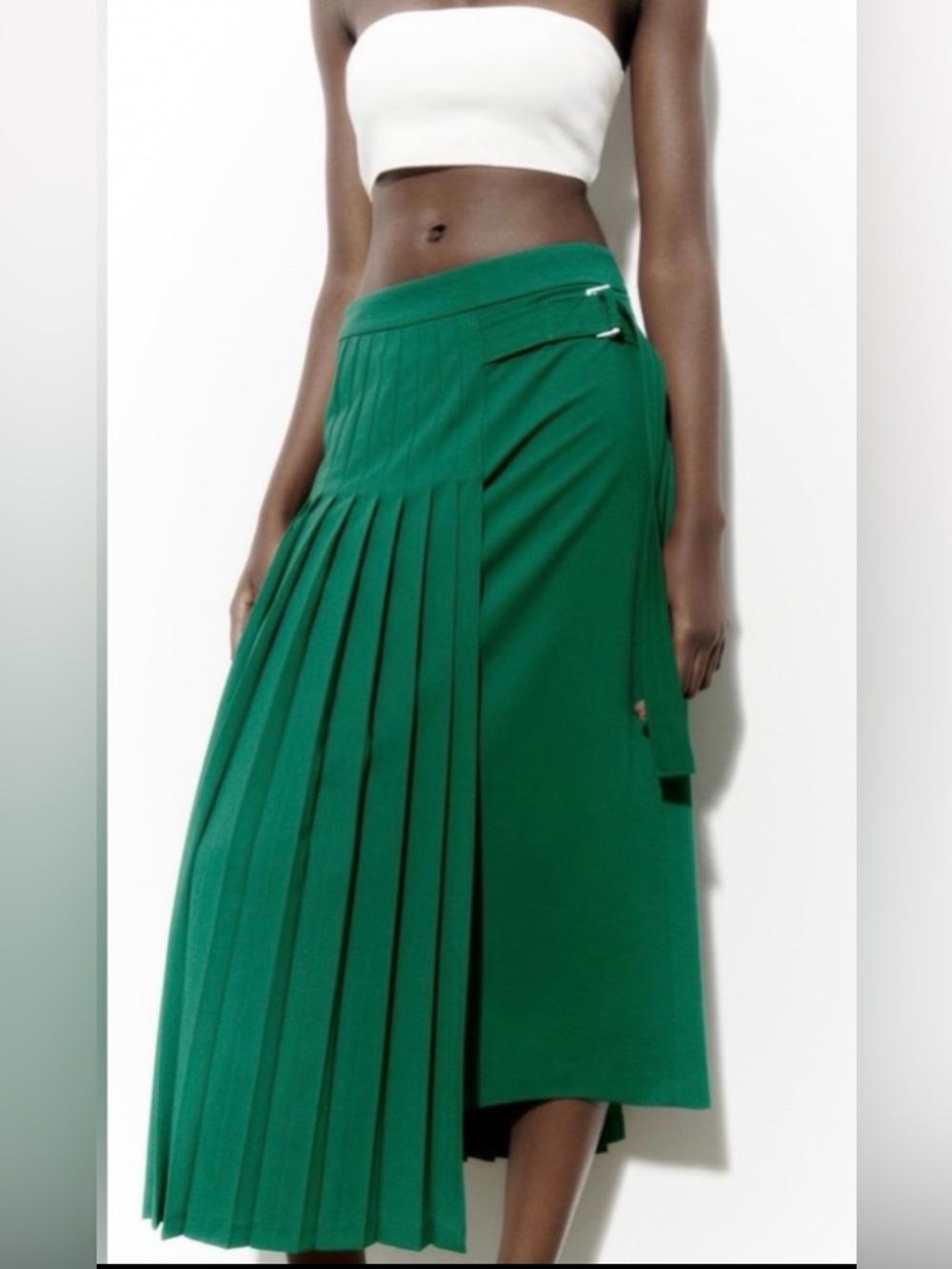 Zara Emerald Green Asymmetrical Pleated Midi Skirt